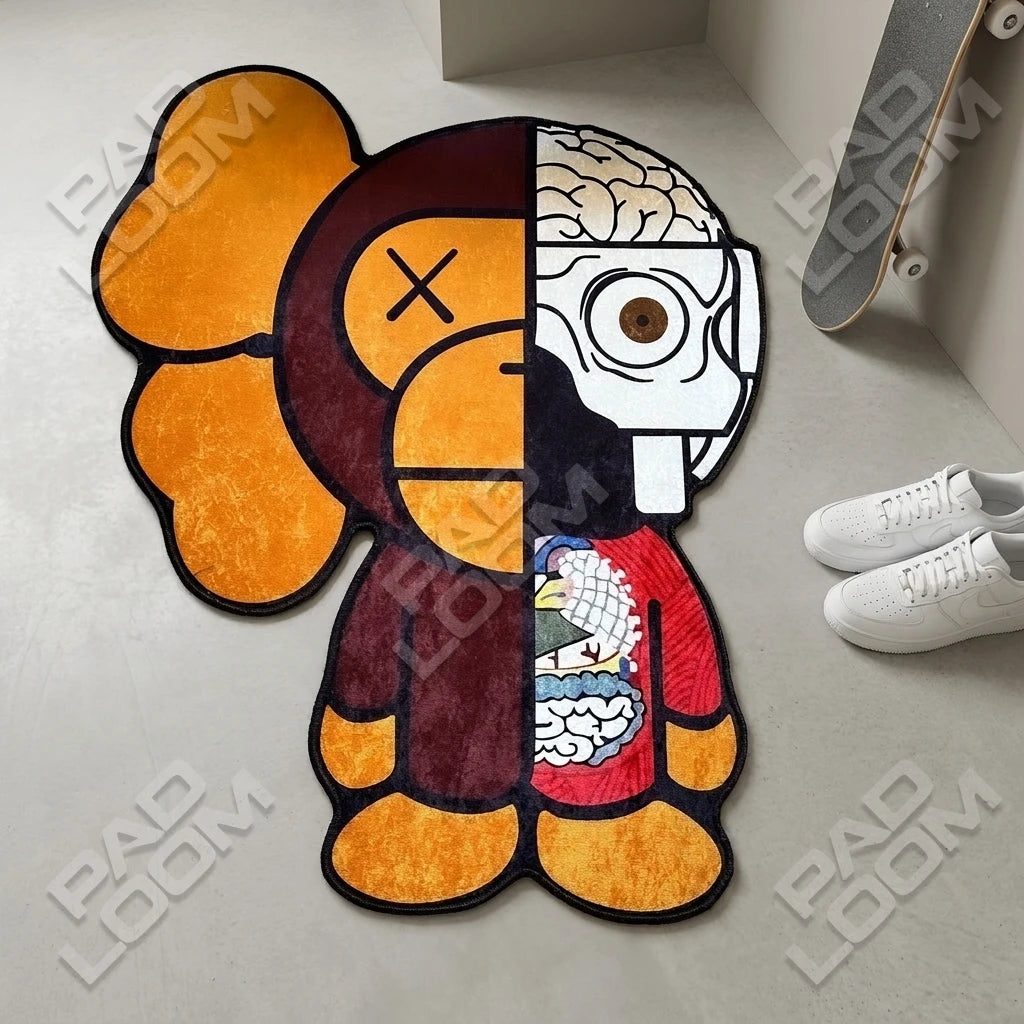 KAWS x BAPE shaped rug shown in a room setting
