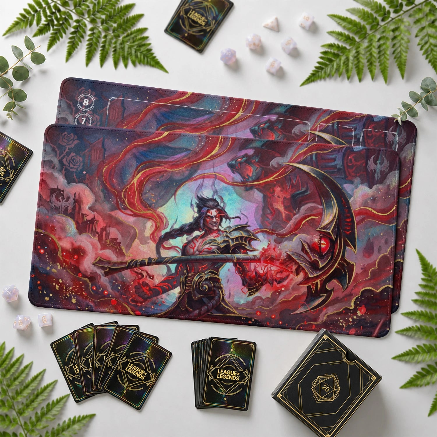 Kayn Darkin Riftbound TCG playmat with card zones and score track – LoL game mat