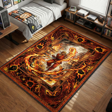 Ken Masters performing flaming Shoryuken uppercut with dragon spirits and fire effects illustrative gaming area rug and floor mat