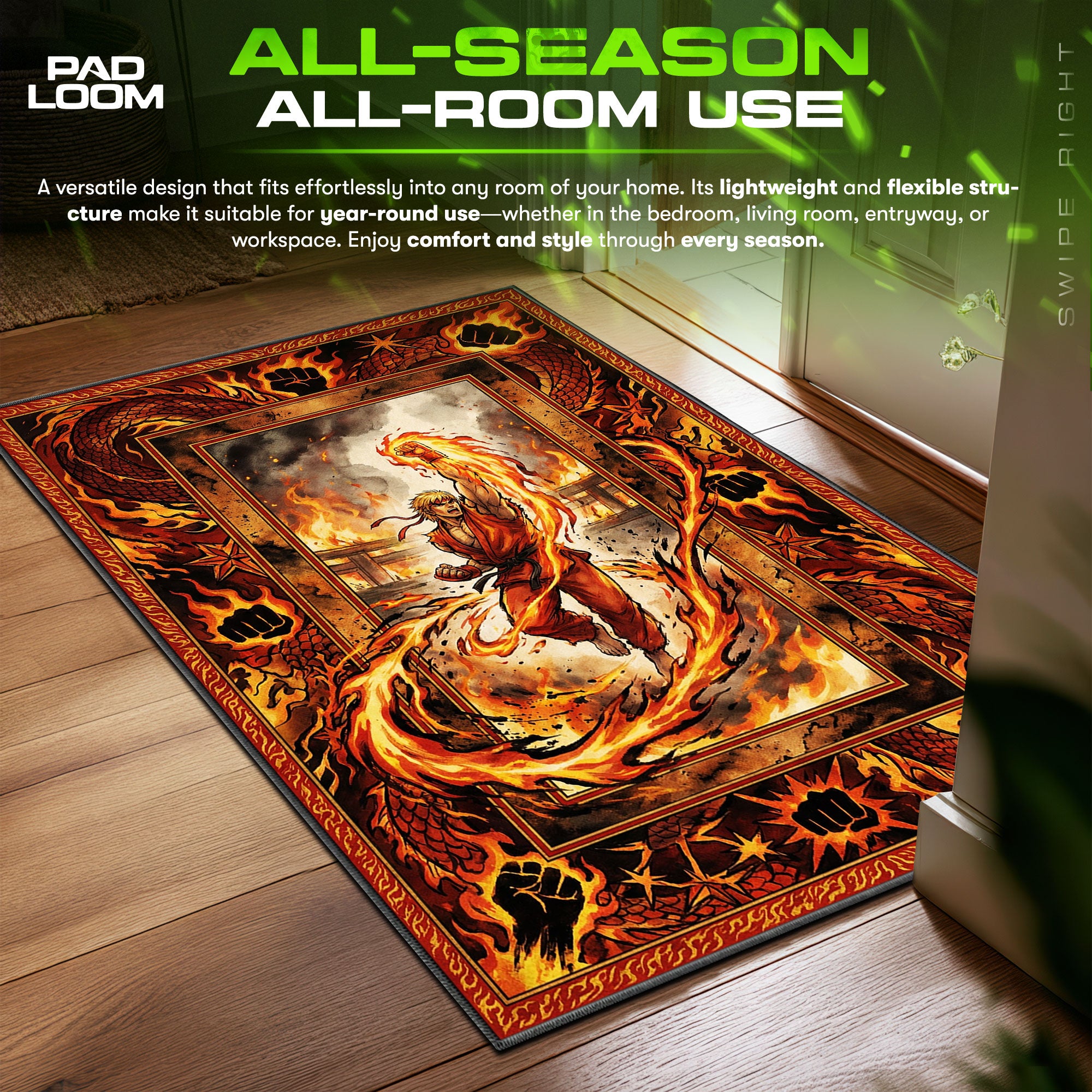 Ken Masters Shoryuken Flame Street Fighter Chair fan rug — premium quality print