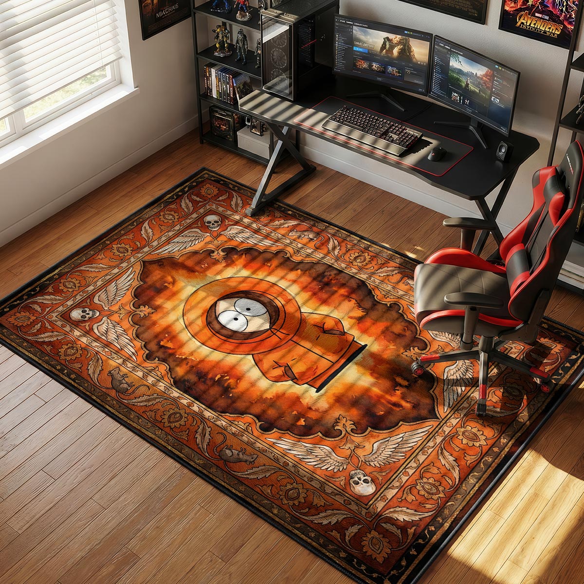Close-up of Kenny immortal area rug showing burnt orange dye-sublimation and gold leaf texture