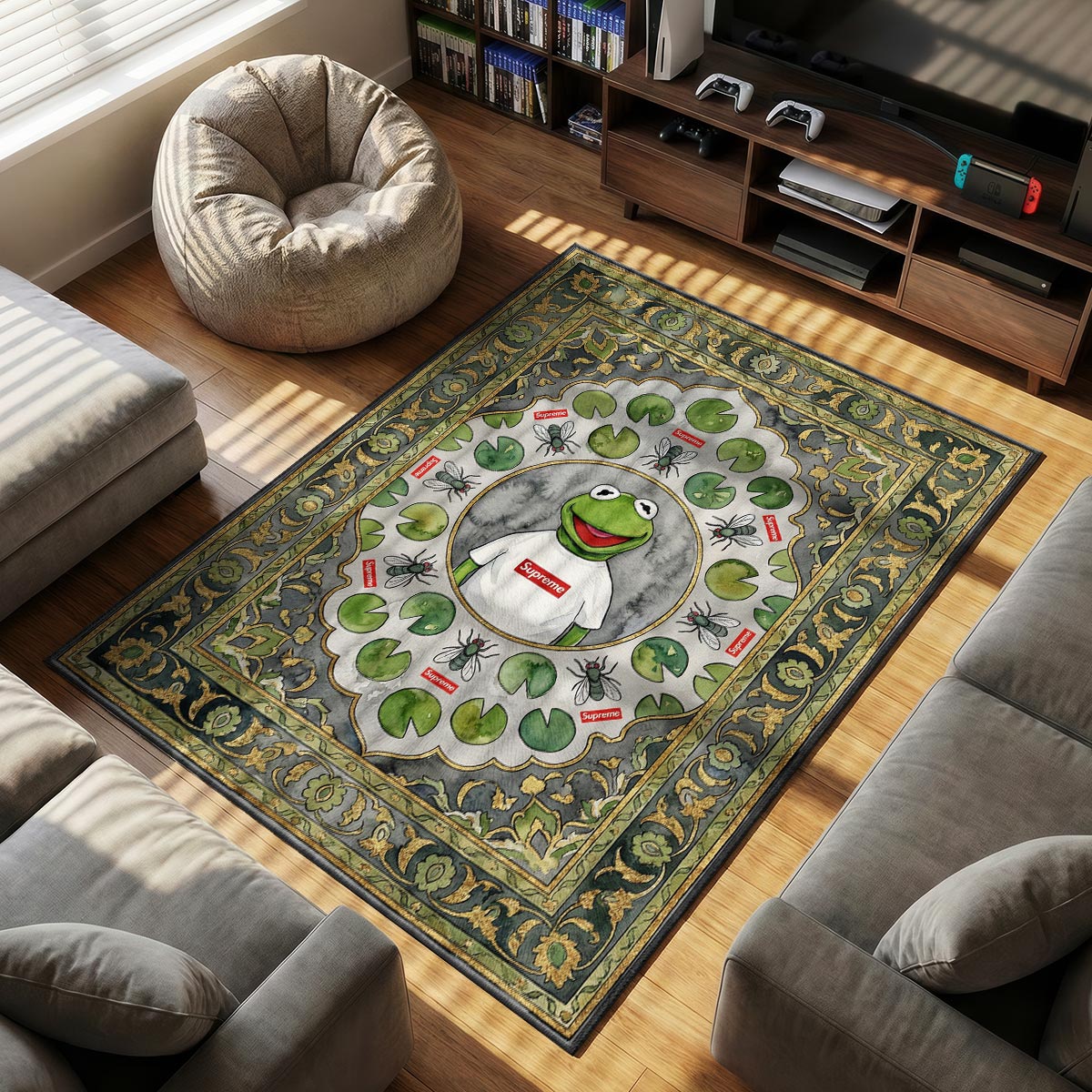 Supreme Kermit themed area rug for home decor fans