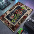 Kermit the Frog wearing Supreme LV hoodie sitting on suitcase with sneakers and monogram patterns watercolor style hypebeast area rug