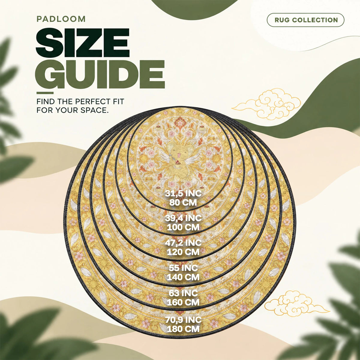 Kero Pudding round rug size guide, 80 to 180 cm (31.5 to 70.9 in)