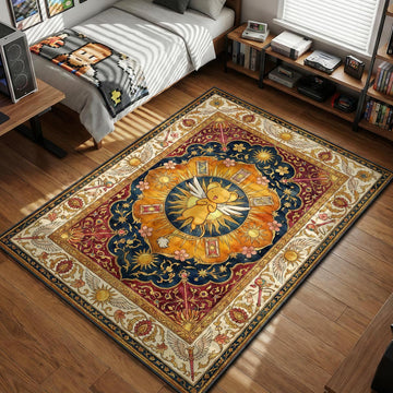 Keroberos Kero-chan floating in a golden sun celestial Clow Card art style area rug and floor mat