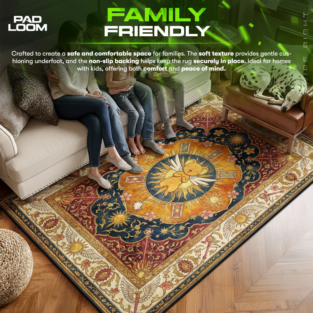 Keroberos area rug showing full home decor artwork
