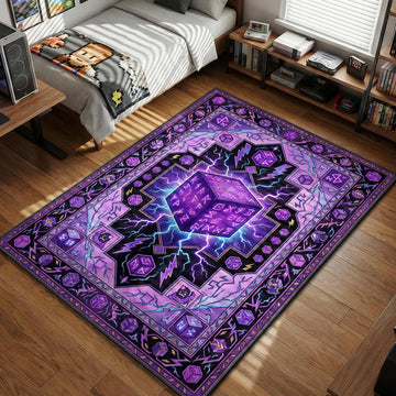 Fortnite Kevin the Cube emitting purple lightning and runes in a geometric style gaming area rug and floor mat