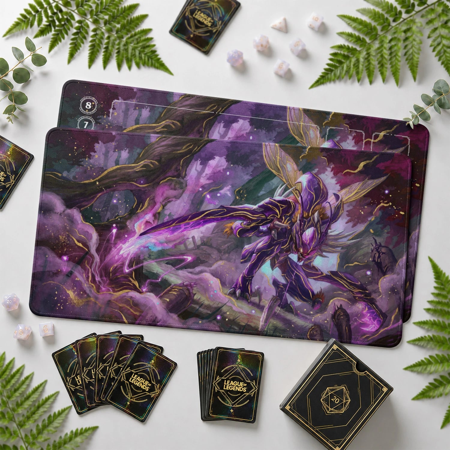 Kha'Zix Predator Riftbound TCG playmat with card zones and score track – LoL game mat
