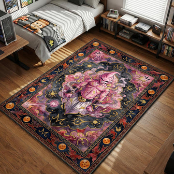 Kid Buu smiling menacingly surrounded by pink smoke and golden celestial stars area rug and floor mat