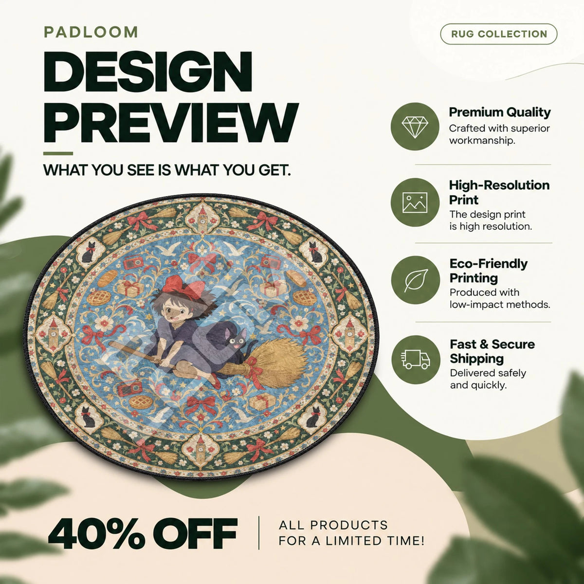 Kiki Flying Studio Ghibli round rug full design preview