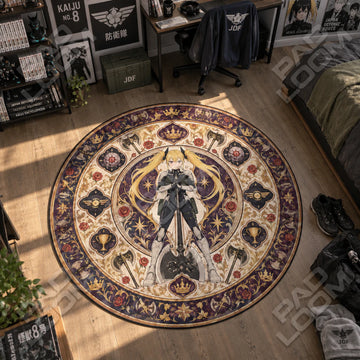 Kikoru Axe Kaiju No. 8 round rug on a bedroom floor - Kaiju No. 8 chair mat