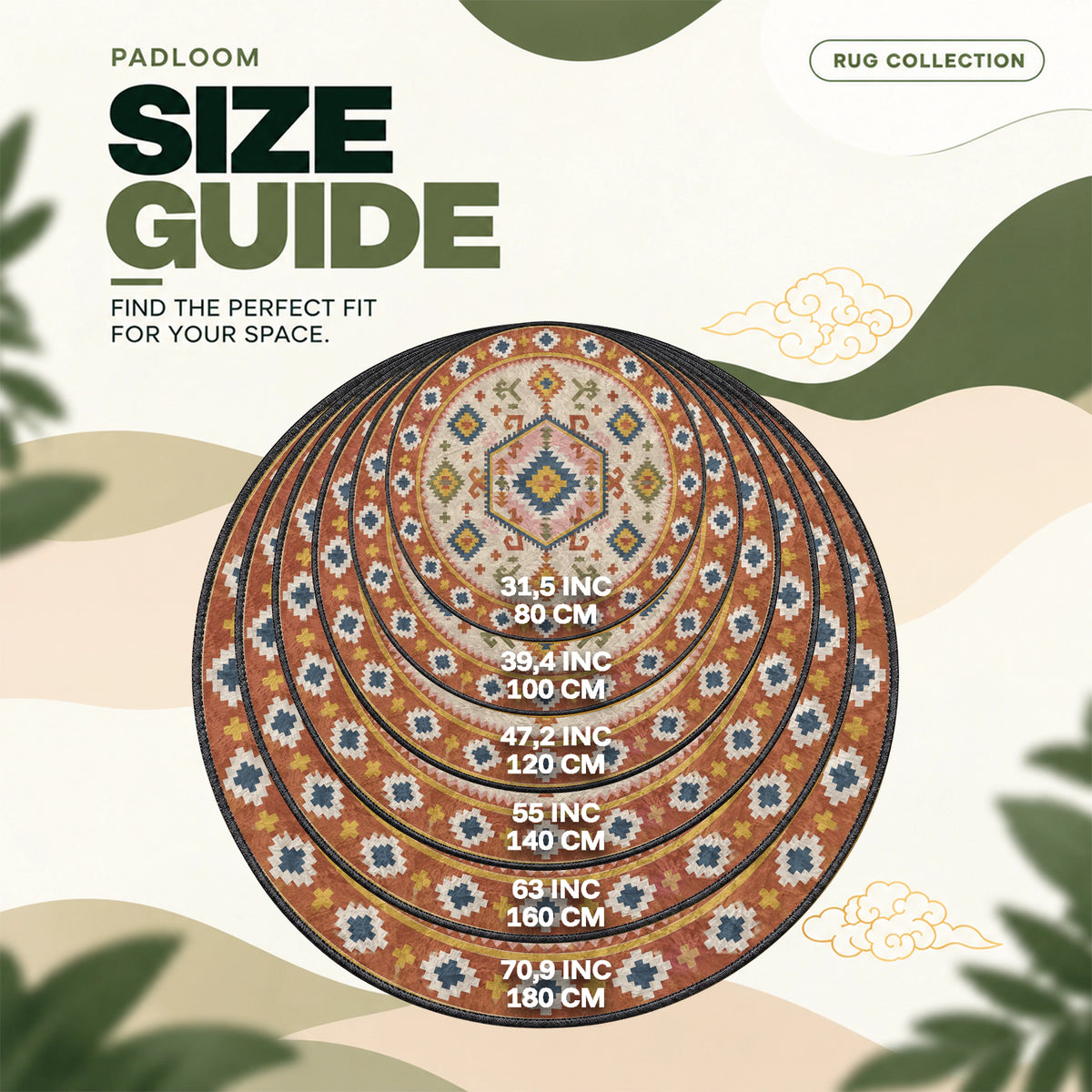 Kilim Medallion round rug size guide, 80 to 180 cm (31.5 to 70.9 in)
