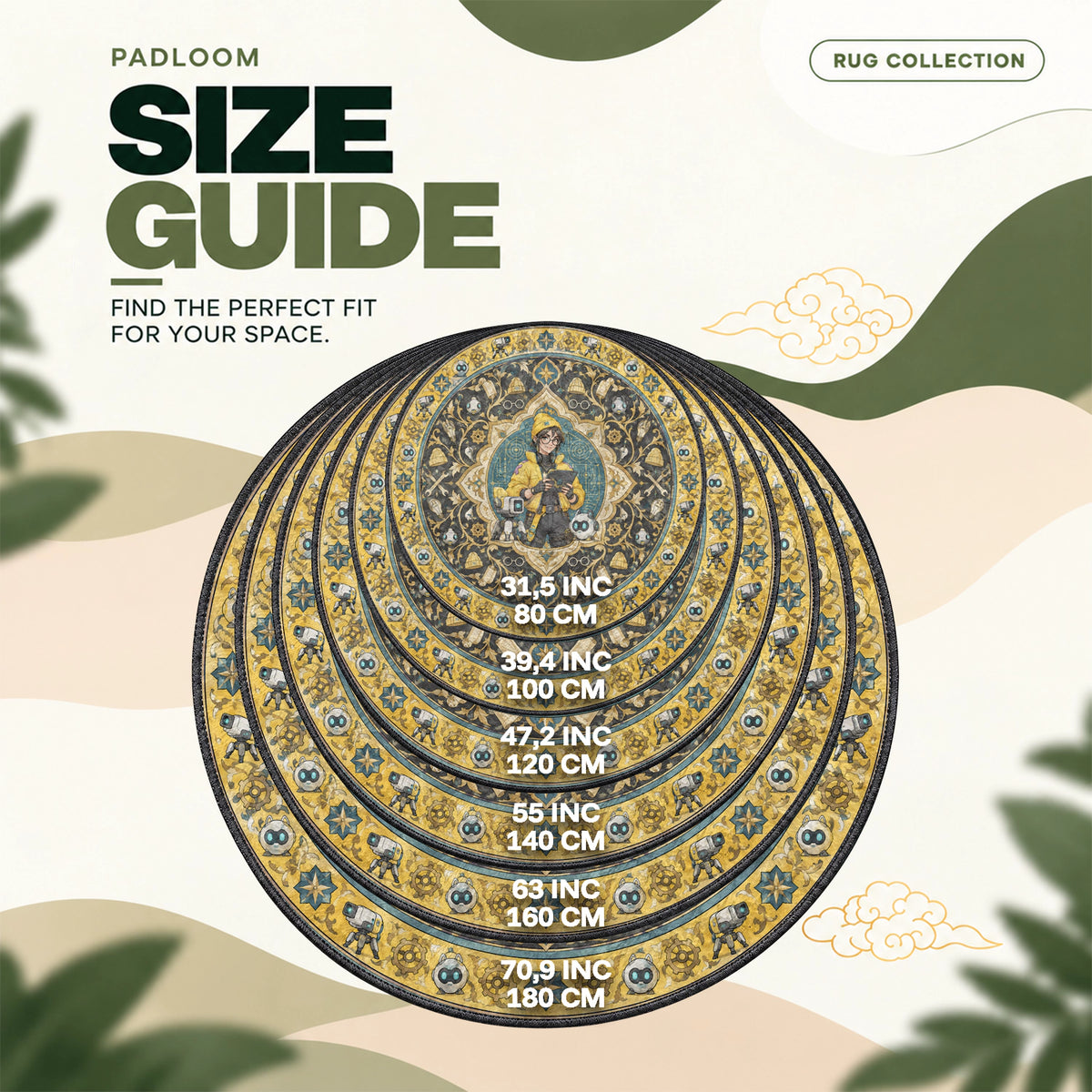 Killjoy Medallion round rug size guide, 80 to 180 cm (31.5 to 70.9 in)
