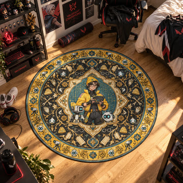 Killjoy Medallion Valorant round rug in a styled room - Valorant chair mat