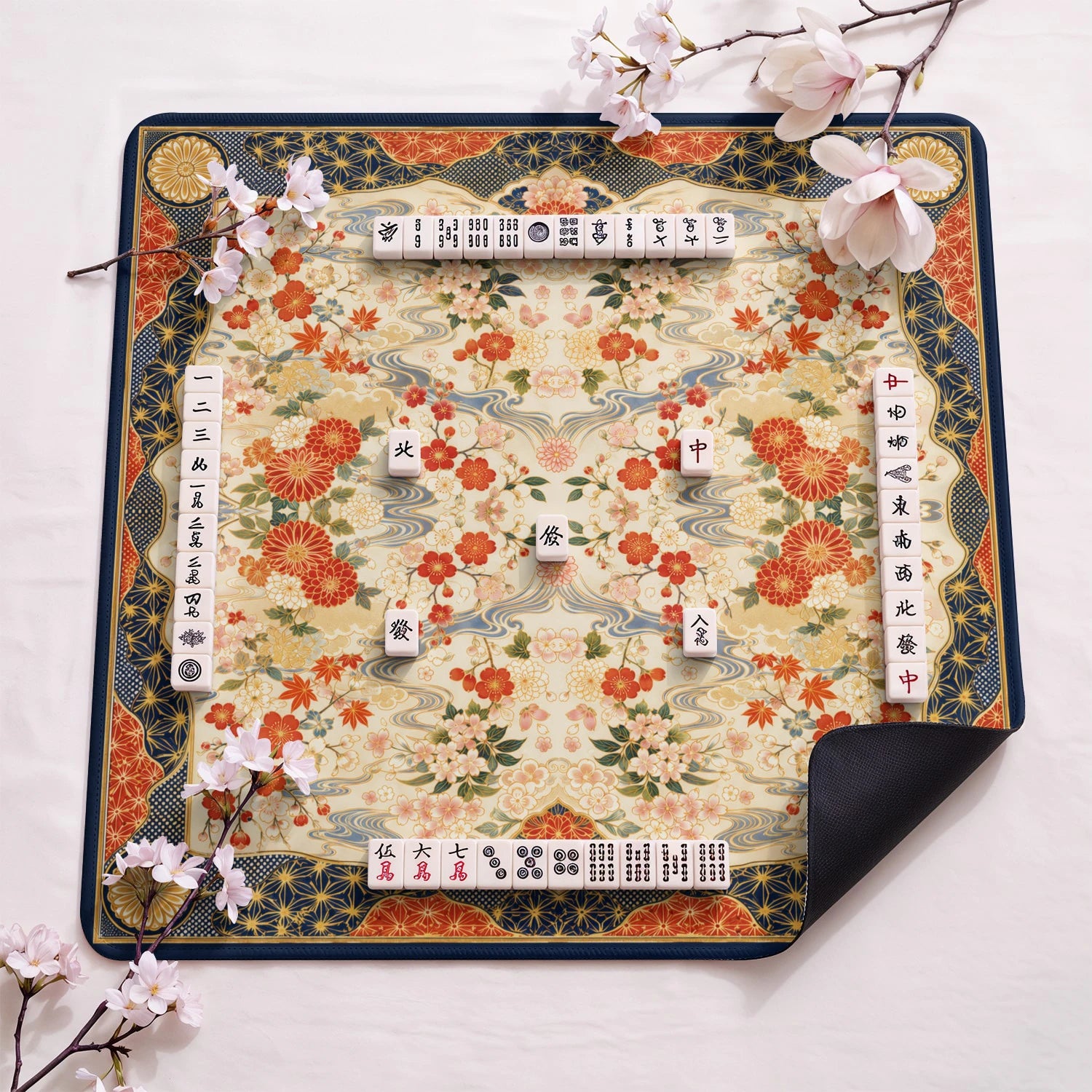 Kimono Blossom design close-up on mahjong mat surface