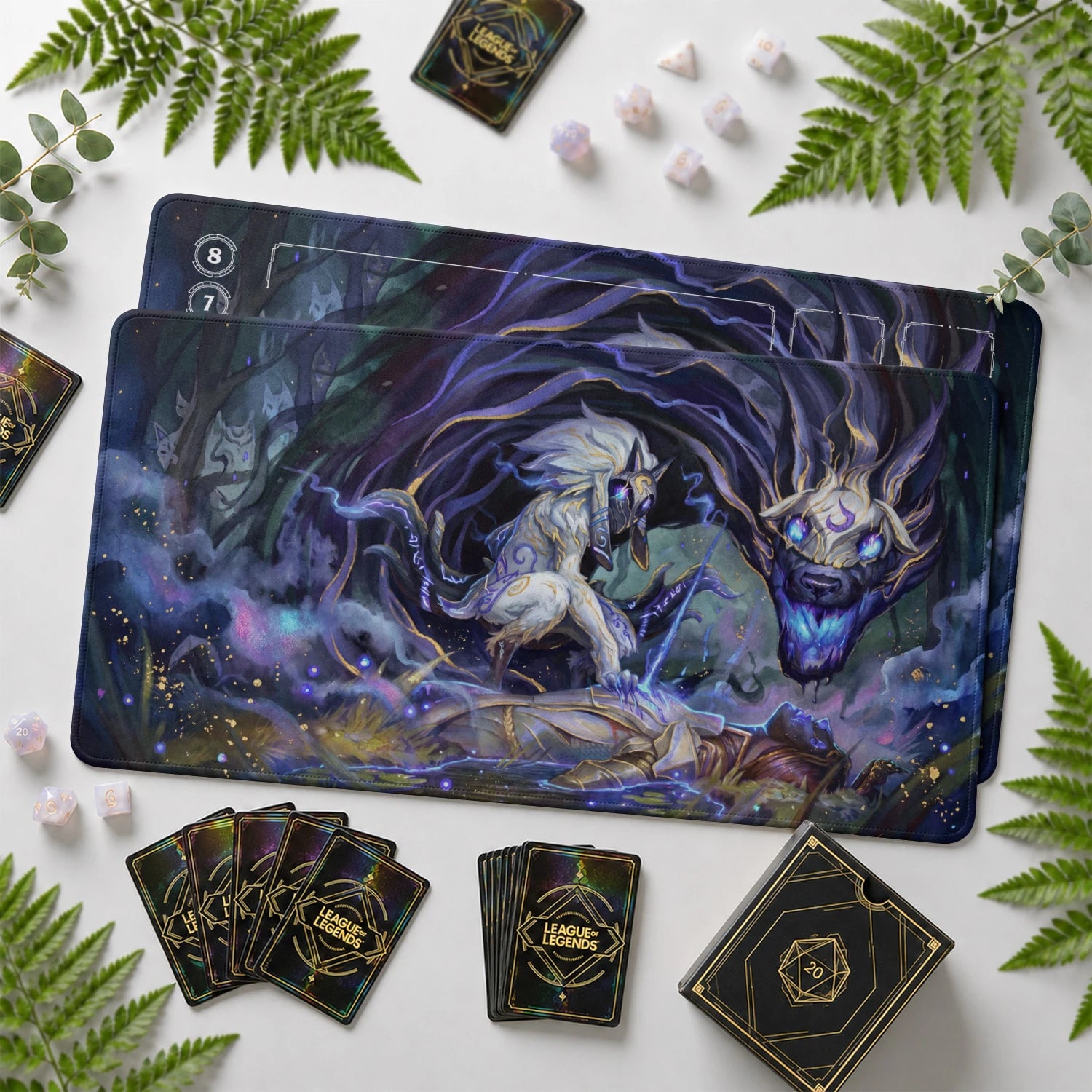 Kindred Fate Riftbound TCG playmat with card zones and score track – LoL game mat