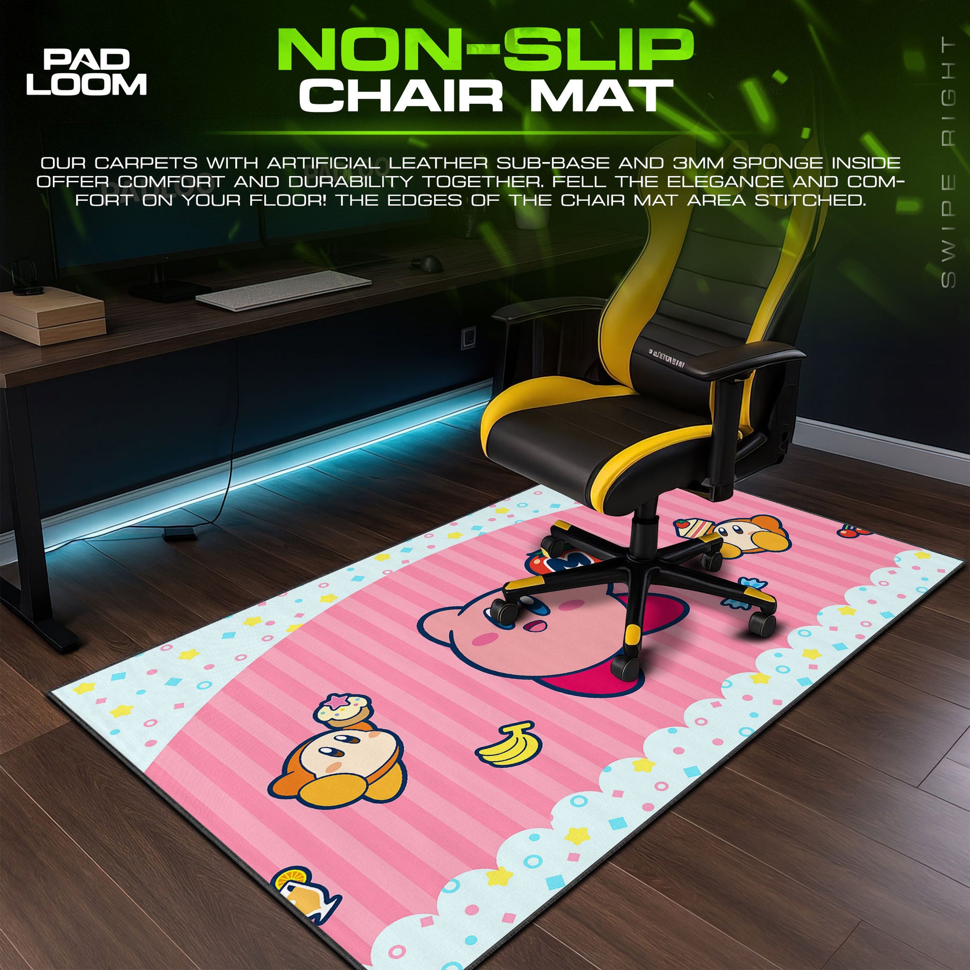 Kirby Café Treats Mouse Pad, Game Dreamland Gaming Desk Mat XL - 15.7″ × 35.4″ (40×90 cm) custom stitched edges, desk mat, non-slip rubber b