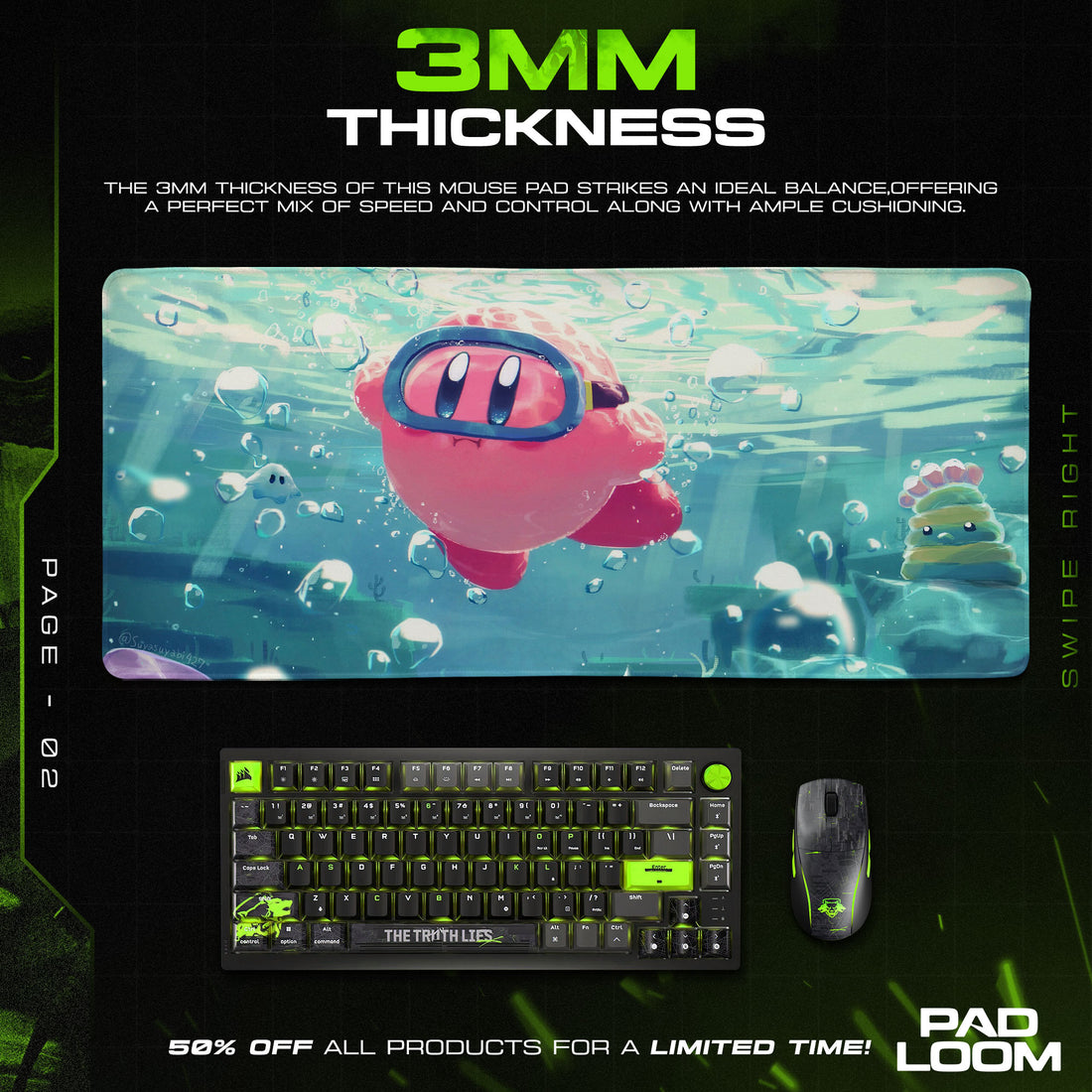 Kirby Deep Sea Swim Mouse Pad, Game Dreamland Gaming Desk Mat S - 11.8″ × 15.7″ (30×40 cm) custom HD print, stitched edges, desk mat