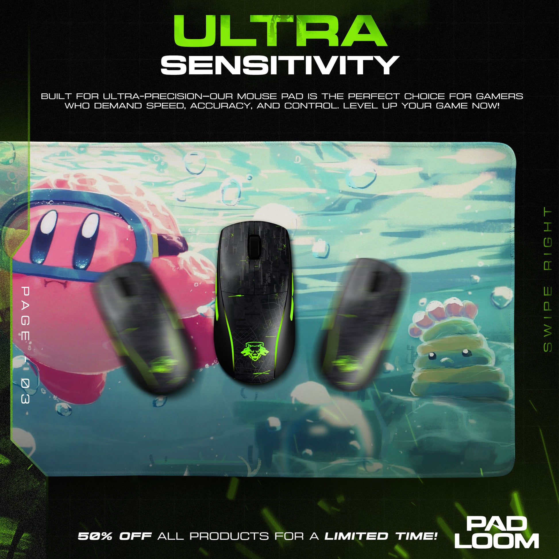 Kirby Deep Sea Swim Mouse Pad, Game Dreamland Gaming Desk Mat M - 11.8″ × 27.6″ (30×70 cm) custom workspace setup, stitched edges, HD print