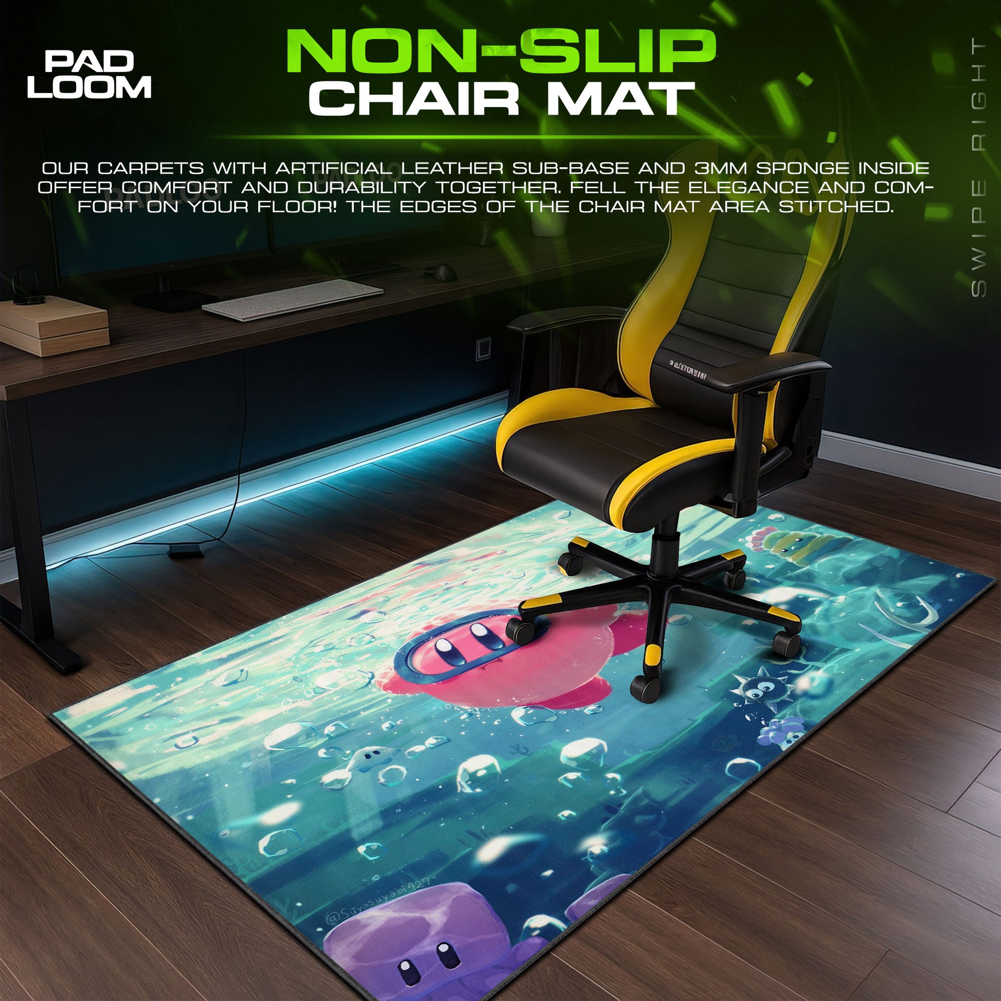Kirby Deep Sea Swim Mouse Pad, Game Dreamland Gaming Desk Mat XL - 15.7″ × 35.4″ (40×90 cm) custom gaming mouse pad, non-slip rubber base, H