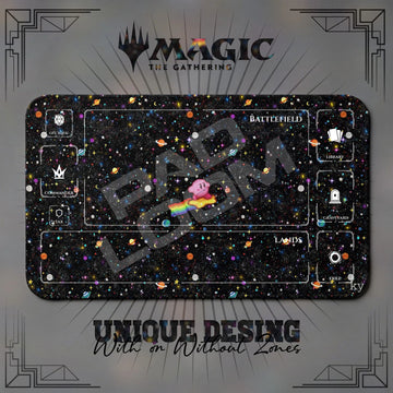 Kirby Galaxy MTG playmat, black and gray art with play zones, 24 x 14 in