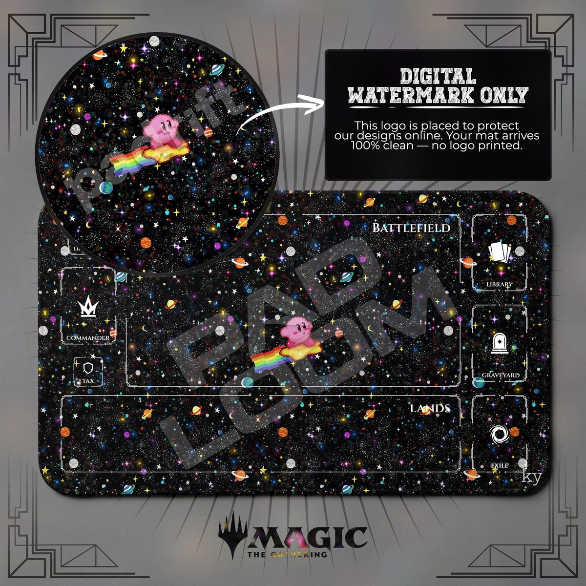 Kirby Galaxy MTG playmat with zones; the Padloom watermark is digital only, not printed