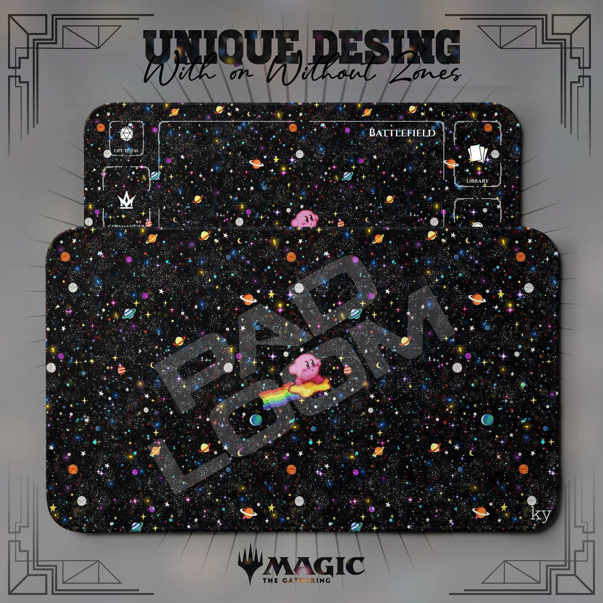 Kirby Galaxy MTG playmat shown with zones and without zones
