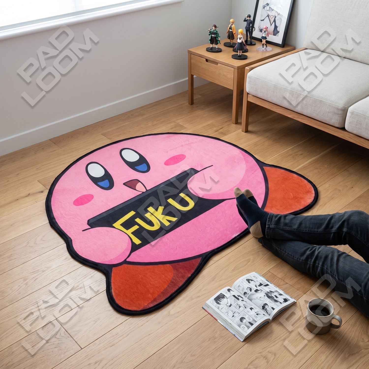 Kirby shaped rug shown in a room setting