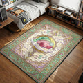 Kirby wearing a green nightcap sleeping on a fluffy cloud with Zzz symbols in a pastel ornamental gaming area rug and floor mat