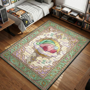 Kirby wearing a green nightcap sleeping on a fluffy cloud with Zzz symbols in a pastel ornamental gaming area rug and floor mat