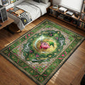Kirby wearing a green hero hat swinging a sword amidst Triforce symbols in a green ornate gaming area rug and floor mat