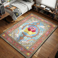 Kirby riding a yellow Warp Star amidst pastel clouds and rainbows in a magical card style gaming area rug and floor mat