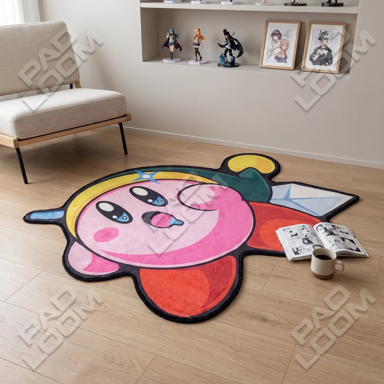 Kirby Zelda shaped rug shown in a room setting
