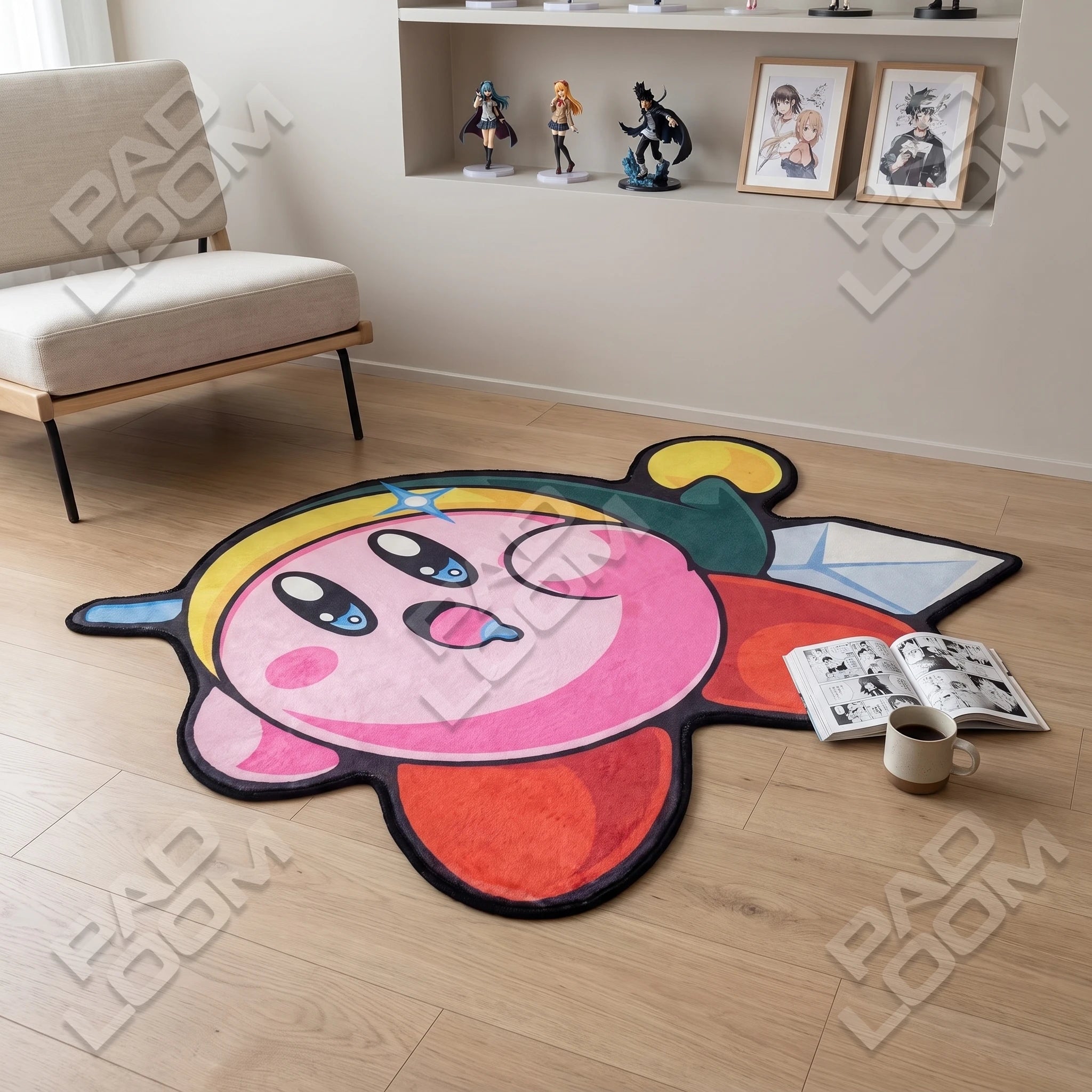 Kirby Zelda shaped rug shown in a room setting