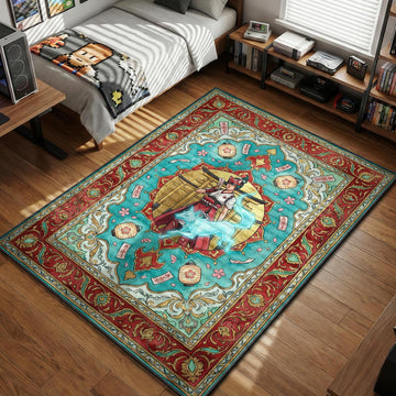 Kiriko from Overwatch summoning a blue spirit fox amidst Torii gates and lanterns in art nouveau style gaming area rug and floor mat