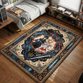 Kirito and Asuna standing with swords under red You Died text and blue floral border area rug and floor mat