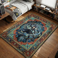 Kirito dual wielding Elucidator and Dark Repulser with blue digital slash effects fantasy border art style area rug and floor mat