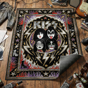 KISS band members face paint area rug with flames lightning bolts and chrome logo on black tapestry