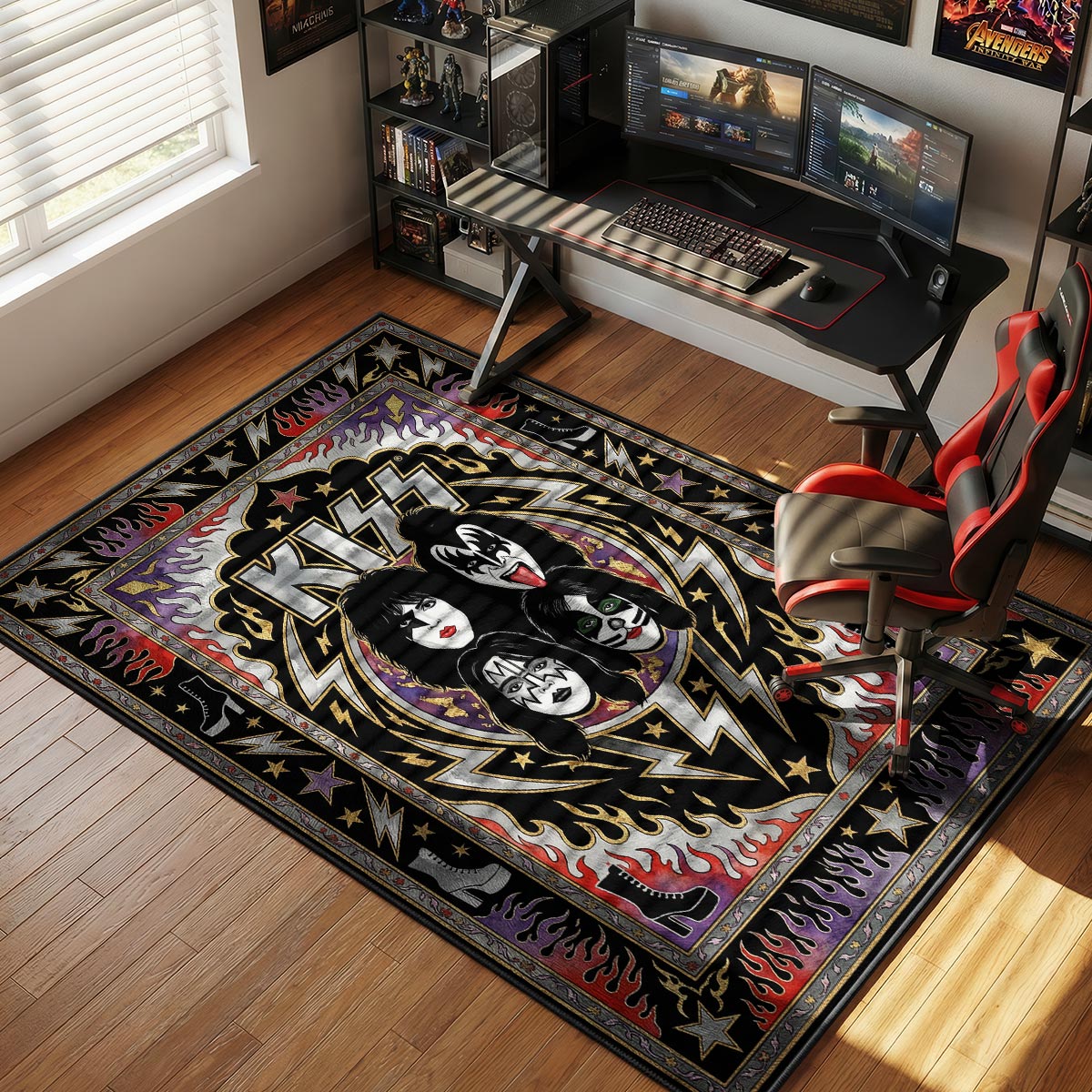 KISS rock rug placed in an entertainment room with dark walls and concert memorabilia