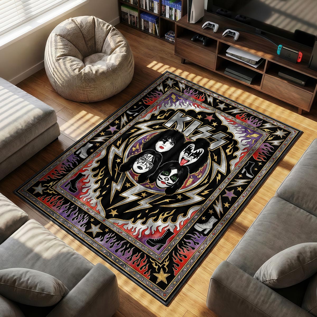 Close-up of KISS area rug showing flame detail and dye-sublimation print on plush fiber