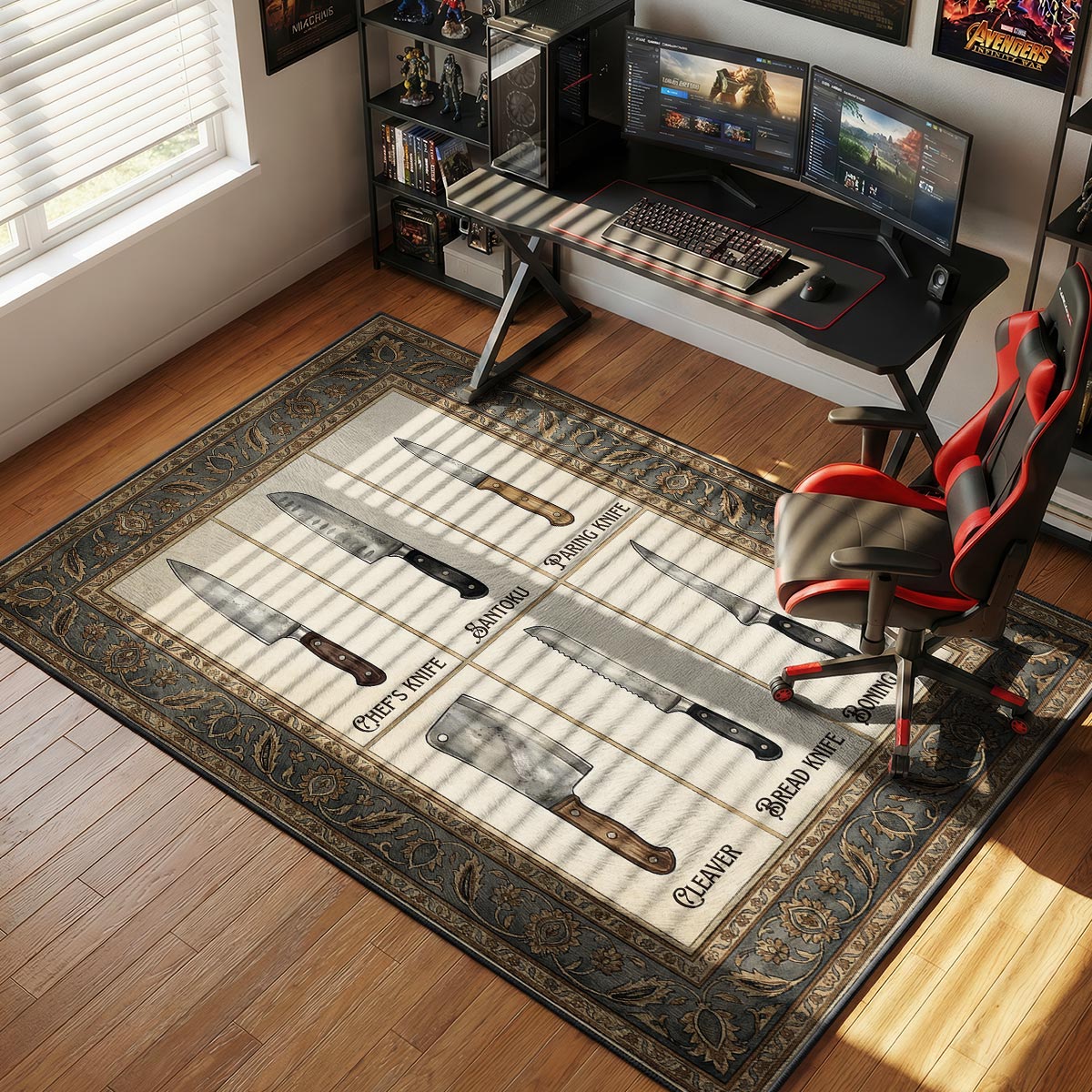 Kitchen knives rug on dark tile floor in a professional kitchen near a magnetic knife strip