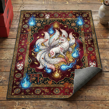 Japanese kitsune nine-tailed fox area rug with white fox blue foxfire torii gates and maple leaves