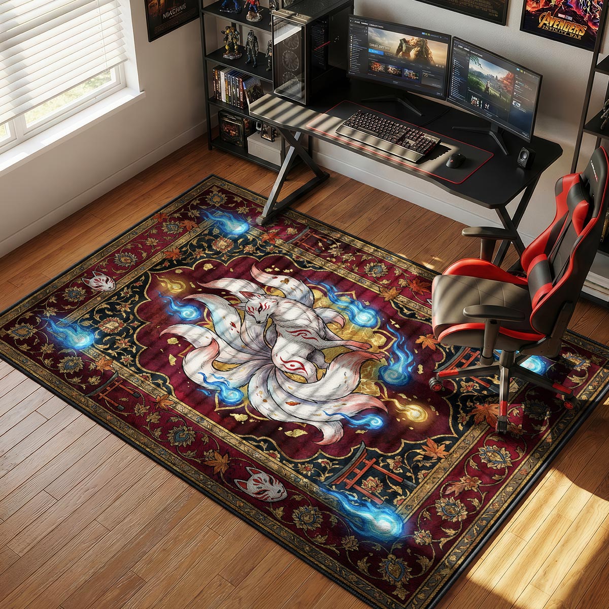 Kitsune fox rug placed in a warm Japanese-themed room with dark wood and red accent lighting