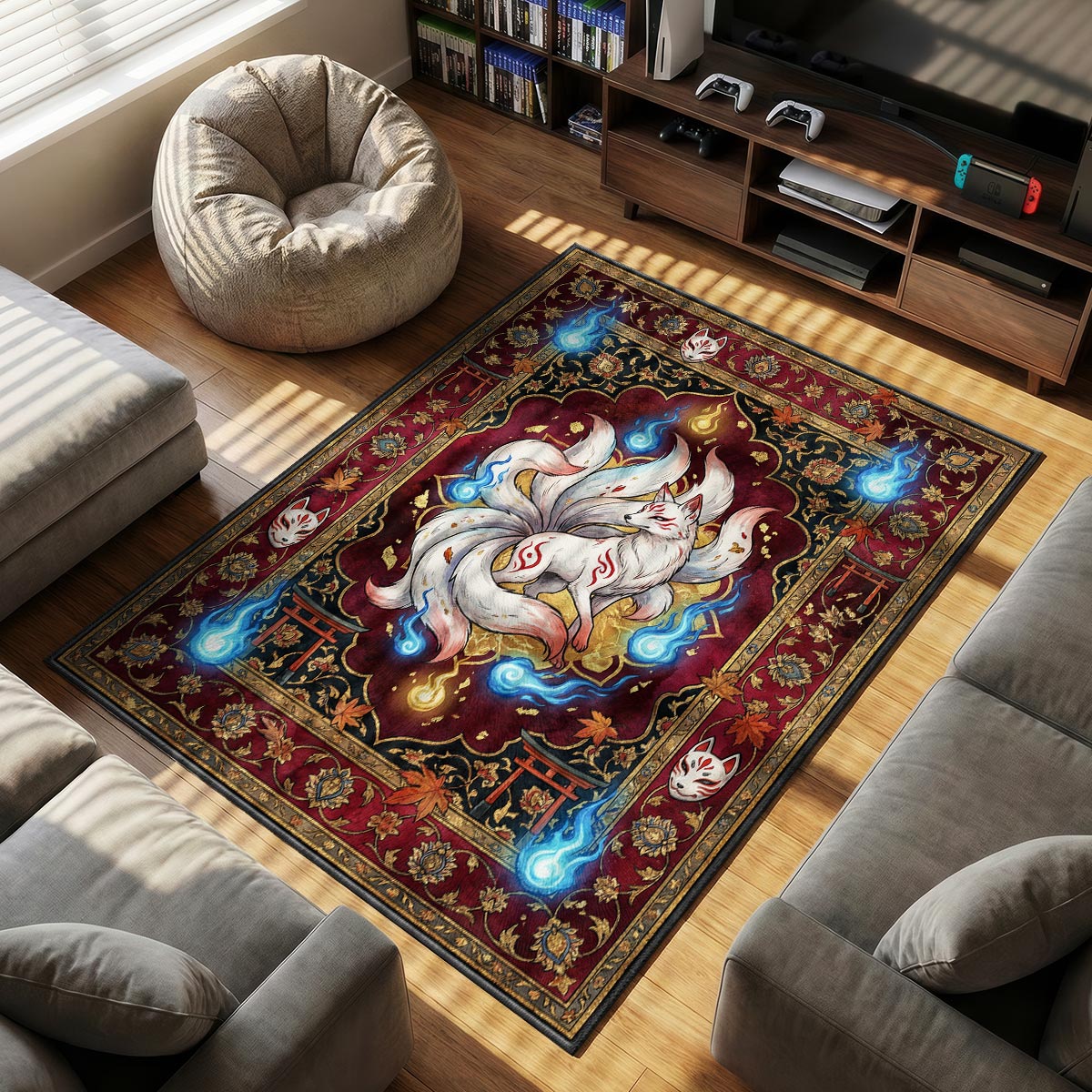 Detail of kitsune rug showing tail fur texture and blue foxfire on crimson dye-sublimation velvet