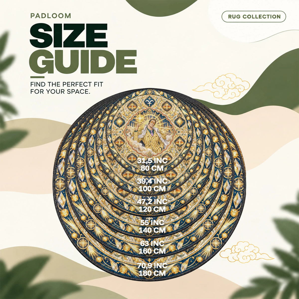 Kizaru Sunburst round rug size guide, 80 to 180 cm (31.5 to 70.9 in)