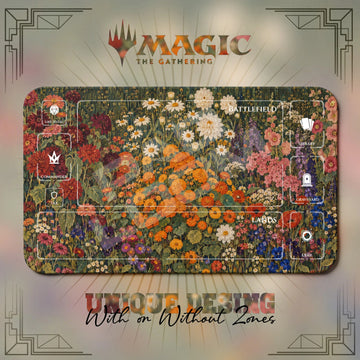 Klimt Garden Dahlia MTG playmat, brown and yellow art with play zones, 24 x 14 in