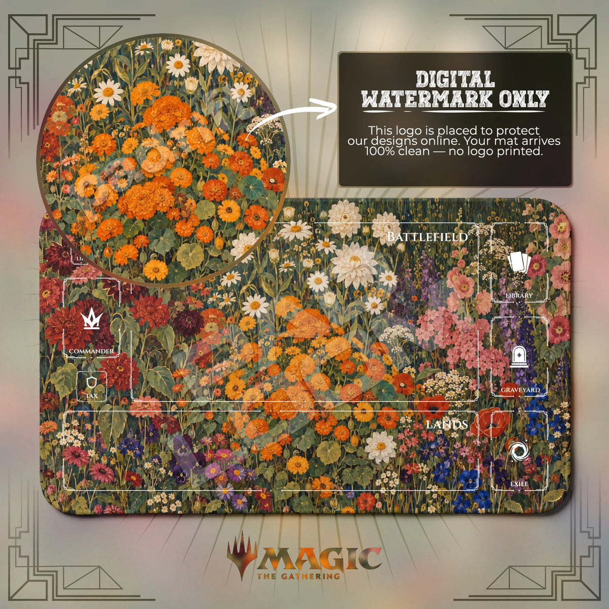 Klimt Garden Dahlia MTG playmat with zones; the Padloom watermark is digital only, not printed