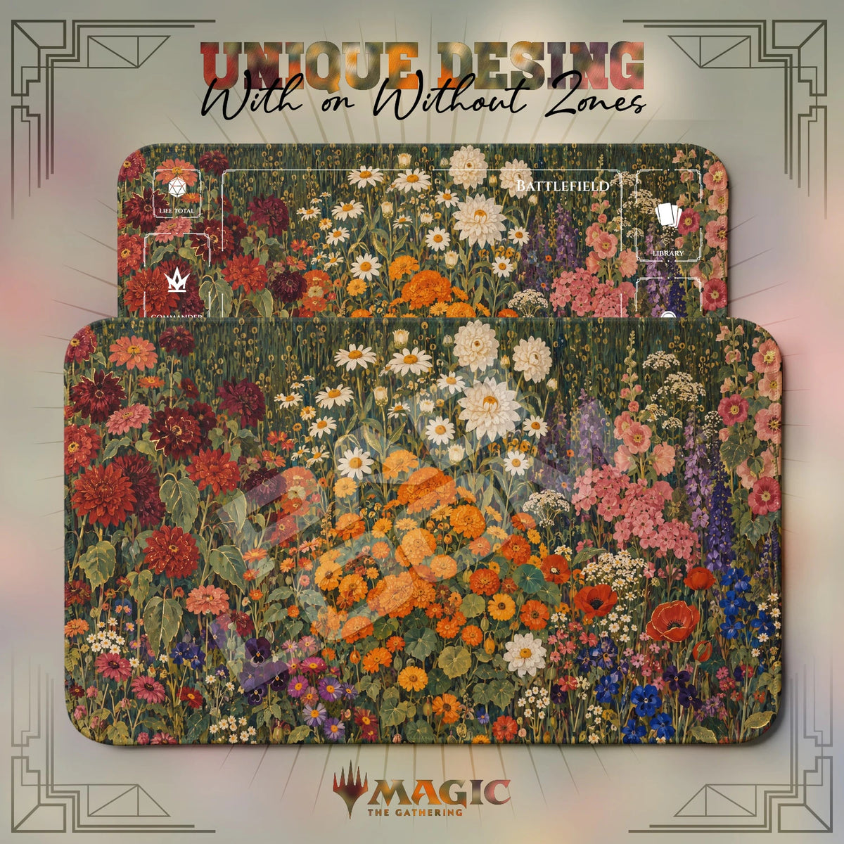 Klimt Garden Dahlia MTG playmat shown with zones and without zones
