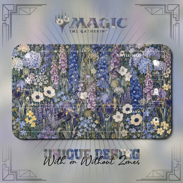 Klimt Garden Iris MTG playmat, gray and blue art with play zones, 24 x 14 in