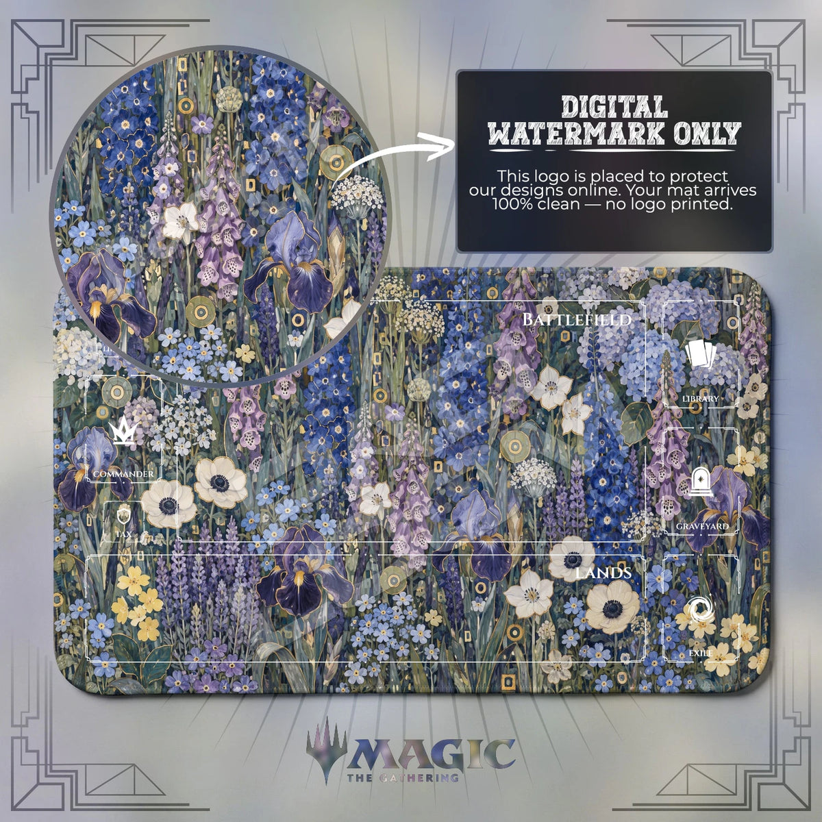Klimt Garden Iris MTG playmat with zones; the Padloom watermark is digital only, not printed